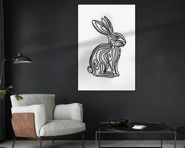 Dessin au trait d'un lapin minimaliste en noir et blanc sur De Muurdecoratie