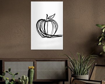 Illustration d'une pomme avec des lignes noires simples sur De Muurdecoratie