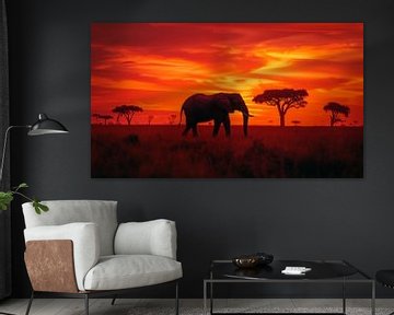 Eenzame olifant in afrika panorama zonsondergang rood-oranje van TheXclusive Art