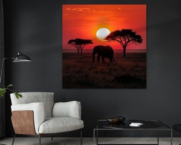 Eléphant solitaire en Afrique, coucher de soleil sur TheXclusive Art