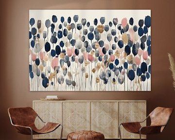 Abstract bloemenveld in blauw, roze en goud van Studio Allee