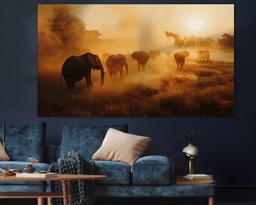 Elephants at sunset dusk panorama by TheXclusive Art