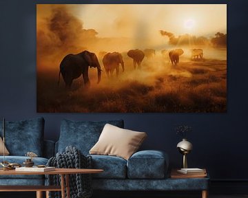 Eléphants au coucher du soleil panorama du crépuscule sur TheXclusive Art