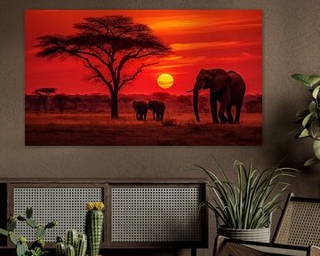 Elefanten in Afrika bei Sonnenuntergang Panorama rot-orange von TheXclusive Art