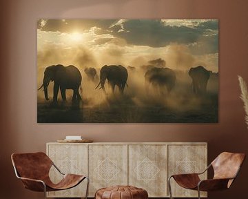 Eléphants dans le panorama du crépuscule sur TheXclusive Art