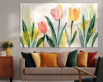 Tulpen roze-geel panorama hand getekend van TheXclusive Art