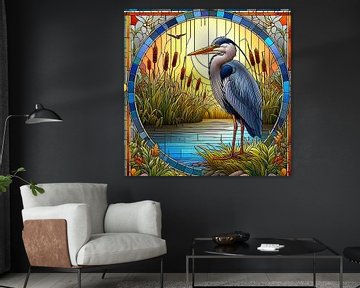 Blue heron at ditch side in stained glass style by Digital Art Nederland