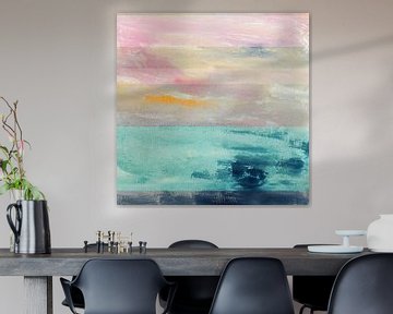 Modern abstract seascape in light blue, pink and yellow by Dina Dankers
