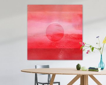 Modern abstract landschap in roze, koraal en rood. van Dina Dankers