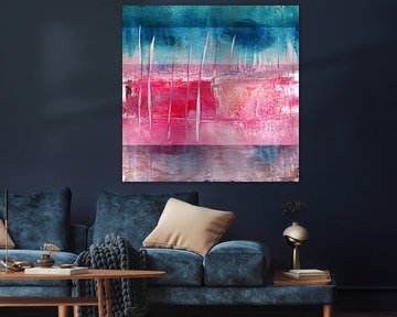 Modern abstract seascape in blue, pink and terra. by Dina Dankers