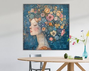 Vrouw Bloemenportret | Dreamer's Floral Tapestry van Kunst Kriebels