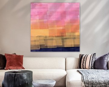 Abstract landschap. Kleurblokken in neonroze, geel en blauw. van Dina Dankers