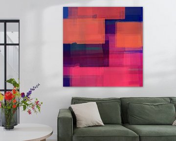 Abstract landschap. Kleurblokken in neonroze, kobaltblauw, warm oranje. van Dina Dankers