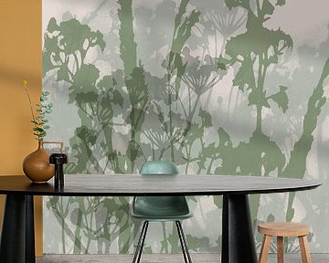 Abstracte botanische kunst. Wilde bloemen en grassen in groen. van Dina Dankers