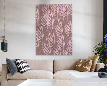 Abstract botanical art. Grasses in pastel pink on  light cacao brown. by Dina Dankers