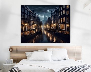 Oud middeleeuws Amsterdam bij nacht in Nederland van Eye on You