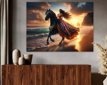 Mooie vrouw rijdt op een zwart paard op het strand met zonsondergang. van Eye on You