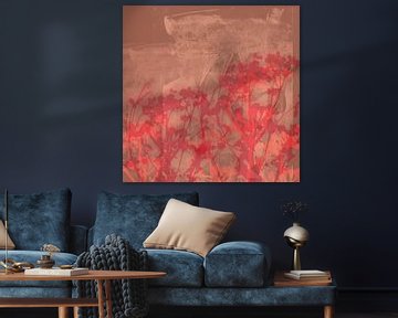 Wild flowers in neon red, soft pink on terracotta brown. by Dina Dankers