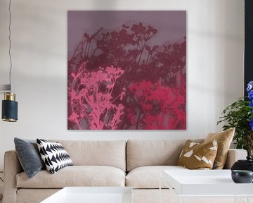 Wild flowers in neon pink, warm purple and brown on taupe. by Dina Dankers