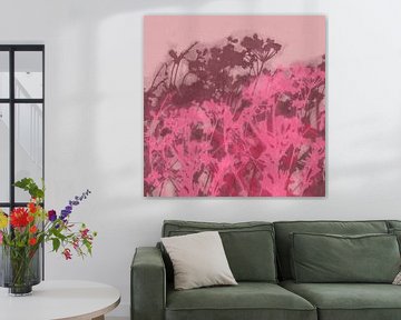 Wild flowers in neon pink, warm brown on soft pink. by Dina Dankers