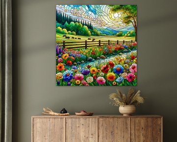 Prairie et fleurs. Dans le style d'un vitrail sur Digital Art Nederland