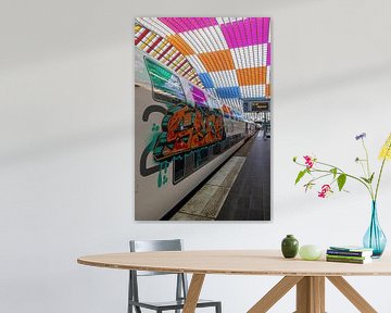 Graffiti train at colourful Liège-Guillemins station by Jack's Eye