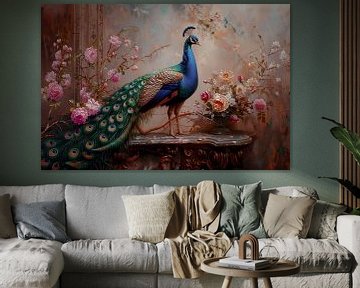 Graceful peacock among flowers by Thea