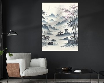 Paysage de lac et de montagne en aquarelle de style chinois sur Fukuro Creative