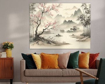 Paysage de lac et de montagne dans le style chinois sur Fukuro Creative