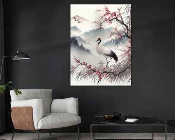View of cranes and mountains by Fukuro Creative