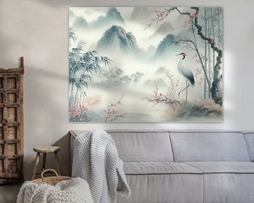 Lake, mountain, and cranes bird landscape in Chinese style by Fukuro Creative