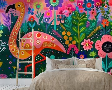 Flamingo im Blumengarten