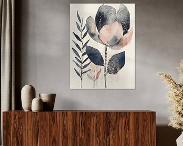 Botanisch aquarel in roze, blauw en goud van Japandi Art Studio