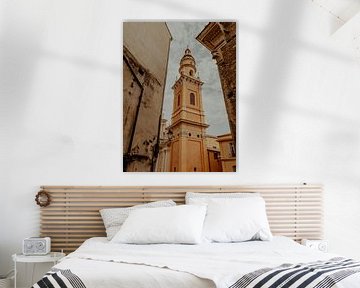 Church Bell Tower in the Old Town | Travel Photography Art Print in the Streets of Menton | Cote d’Azur, South of France van ByMinouque