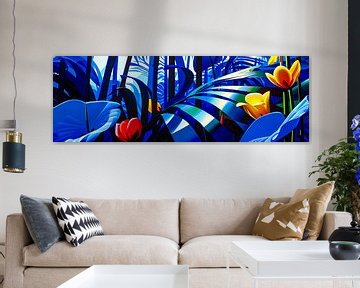 Blue rainforest with colourful flowers by May