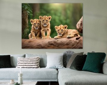 Drie jonge leeuwtjes in het bos op een boomstam van Eye on You