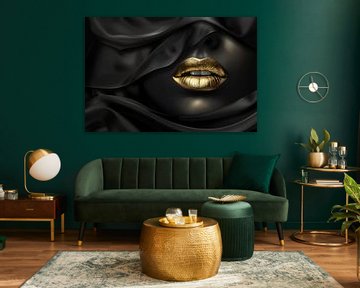 Gouden lippen met zwarte achtergrond als elegant kunstwerk van Digitale Schilderijen