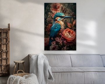 Martin-pêcheur parmi les fleurs colorées sur But First Framing