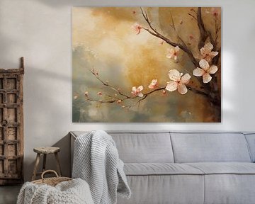 Branche de fleur peinte sur un fond rugueux avec des couleurs terreuses