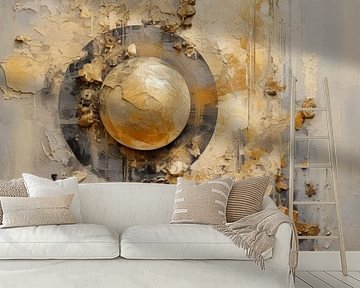 Abstraktes Gemälde in Beige und Gold – Strukturierte Kunst