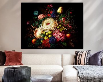 Stilleven schilderij: Victoriaans bloemstuk met bloemen en fruit van Studio Pieternel
