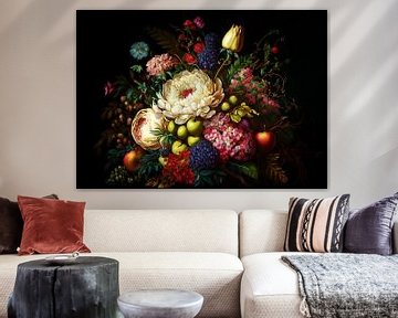 Victoriaans bloemstuk met bloemen en fruit van Pieternel Fotografie en Digitale kunst