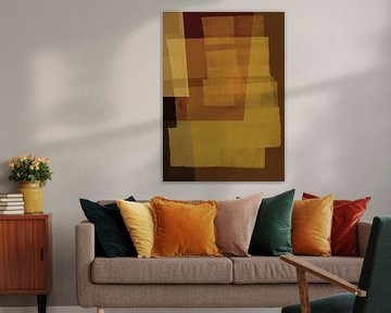 Moderne abstracte vormen in gedempt terra, geel, bruin.