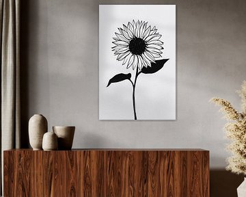 Minimalistische schwarze Linie Sonnenblume Kunst von De Muurdecoratie
