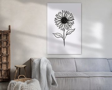 Minimalistische schwarze und weiße Sonnenblume Linie Kunst von De Muurdecoratie