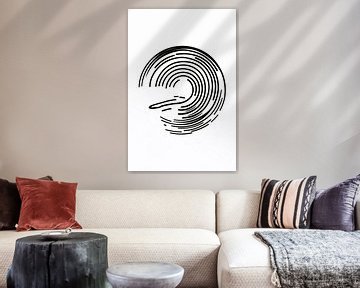 Dessin abstrait en noir et blanc avec des lignes dynamiques sur De Muurdecoratie