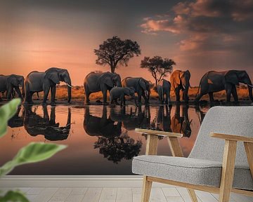 Kudde olifanten bij het water panorama van TheXclusive Art