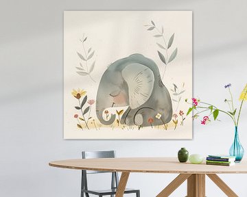 Zittende olifant illustratie in kalme kleuren van TheXclusive Art
