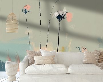 Botanische print in Japandi stijl, pastelkleuren van Japandi Art Studio