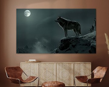 Loup sur une montagne panorama au clair de lune sur TheXclusive Art